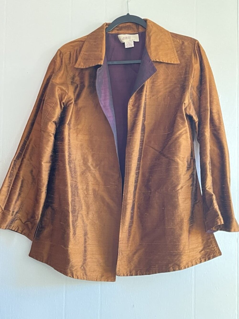 ANU Silk Minimalist Jacket Purple Bronze Open Reversible Old Money Luxe Sz S